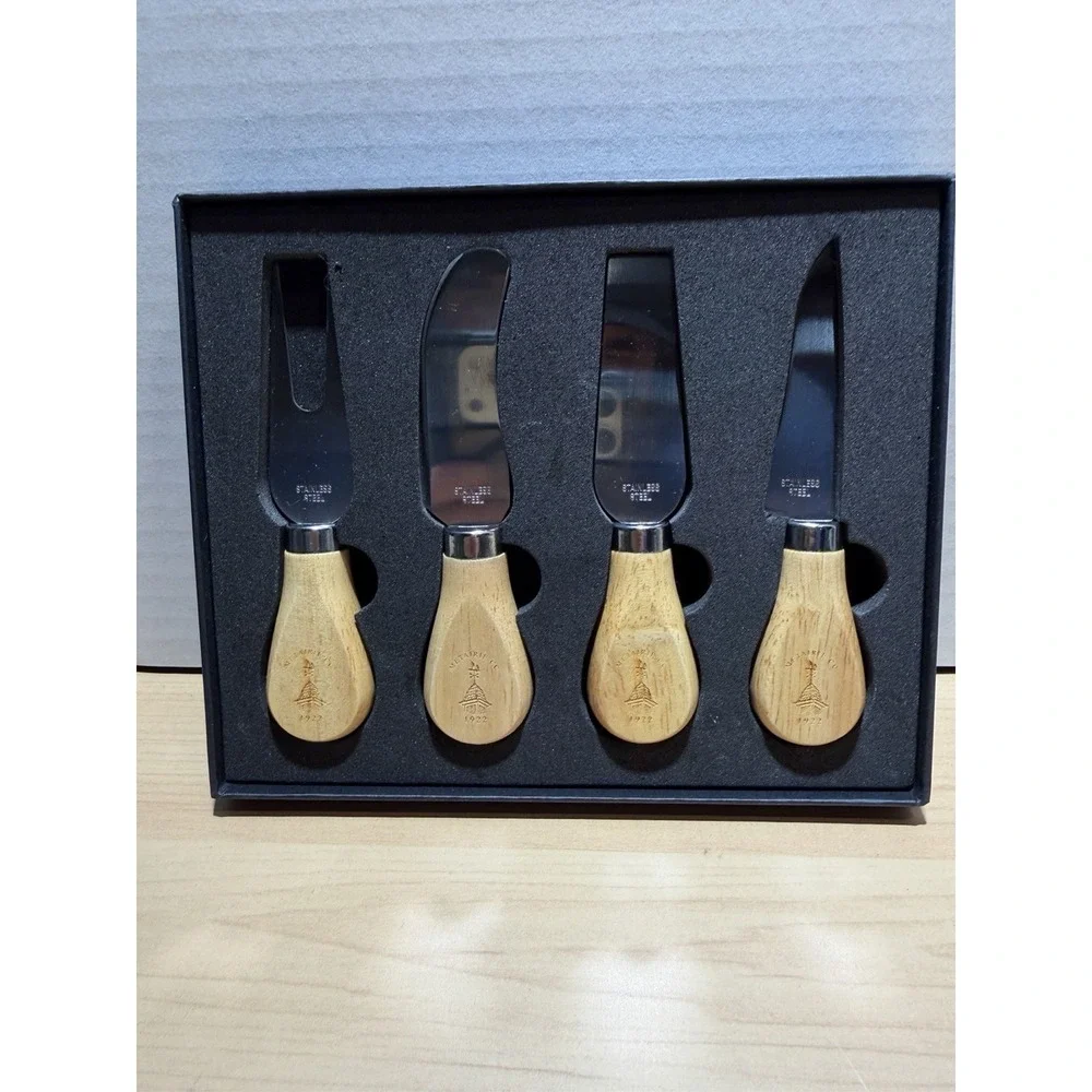 Metairie Country Club Branded Italian Cheese Knives 4 Piece Boxed Set Wood